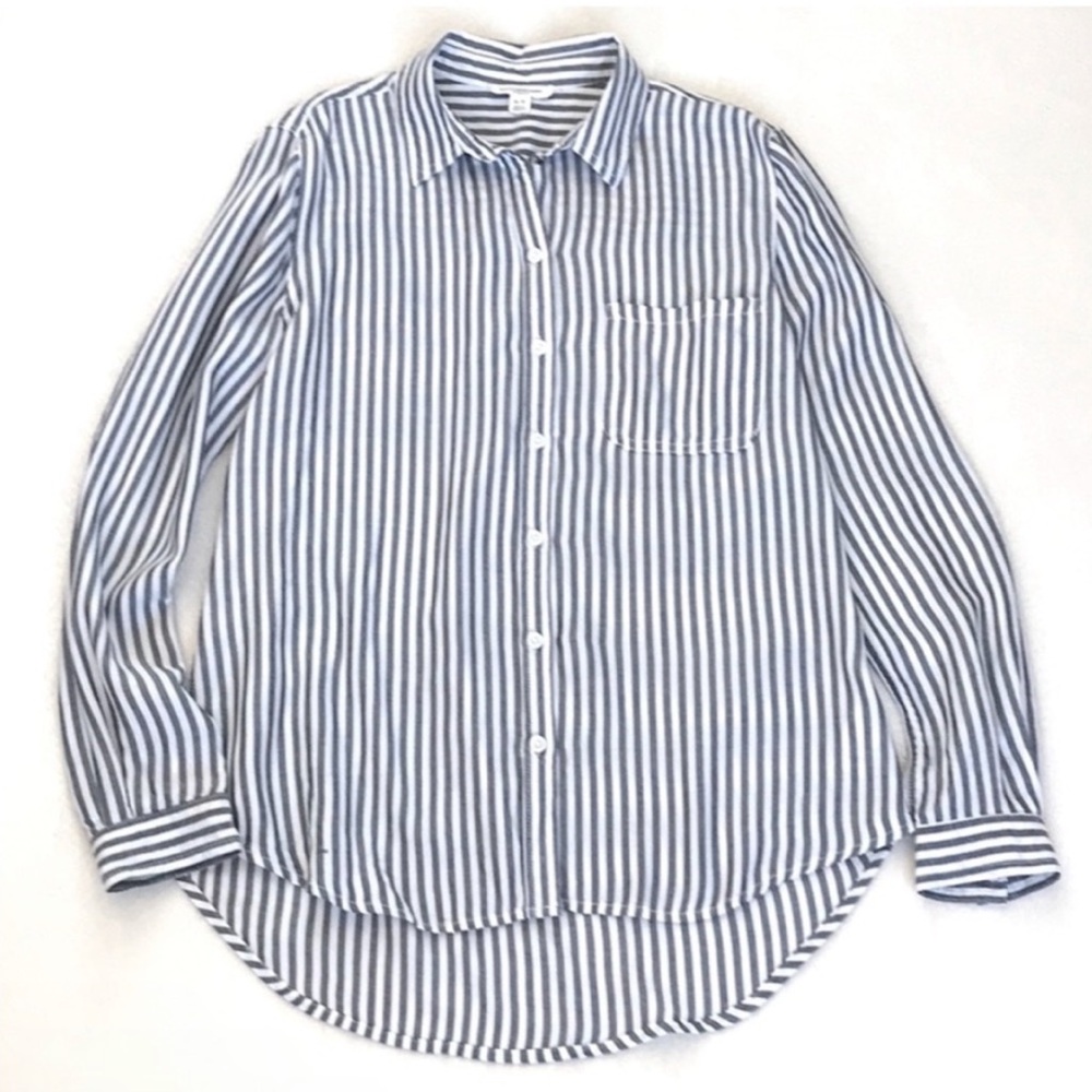 beachlunchlounge Blue-Grey & White Stripe Rayon Button Down Boyfriend Shirt S/P - Picture 5 of 14